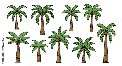 A collection of ten different cartoon palm trees with brown trunks and green fronds, isolated on a white background.