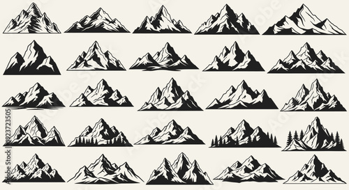 A collection of 25 detailed black and white illustrations of various mountain ranges and peaks, presented in a grid format.
