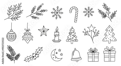 A collection of hand-drawn Christmas-themed icons including snowflakes, ornaments, trees, gifts, and a candle.