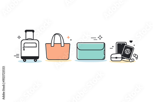 Carry-on luggage set. Minimal icons of compact suitcase, tote bag, laptop sleeve, and personal items, showing light and efficient travel.