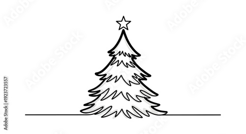 A simple, elegant line drawing of a Christmas tree adorned with a star on top, set against a plain white background.