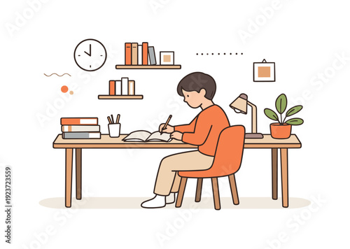 Young student diligently studying at a desk with books and a lamp, focused on learning