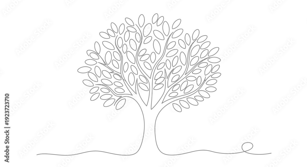 Fototapeta premium A minimalist line drawing of a tree with many leaves and a winding root extending to the right.