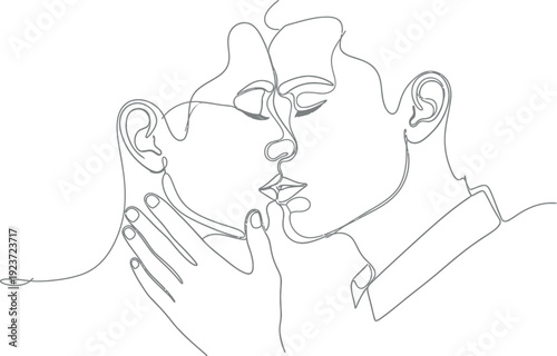 One Line Drawing of Loving Couple Kissing