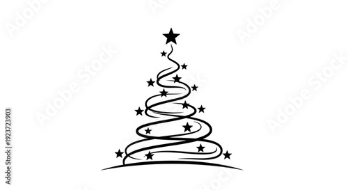 A stylized black and white illustration of a Christmas tree with stars.