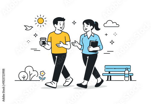 Two colleagues walking and talking in a park on a sunny day with a coffee cup and notebook