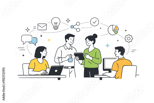 Colleagues returning to the office. Team members chatting and collaborating around desks, subtle floating icons and lines showing interaction