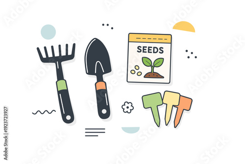 Home gardening tools. Basic tools laid out like a flat lay, rake, hand trowel, seeds packet, and plant labels. Calm preparation mood,