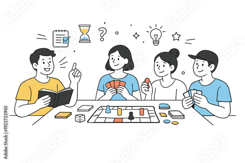 Board game nights. One player explaining rules while others listen and nod, holding cards and game pieces. Calm communication and anticipation before starting