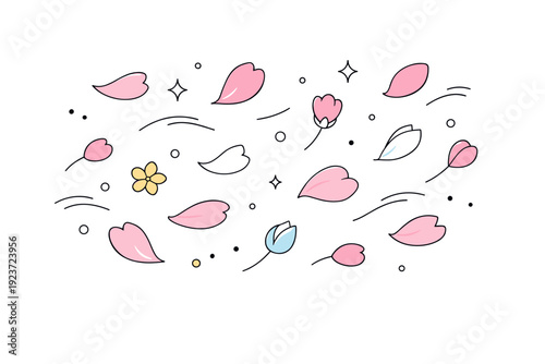 Spring bloom textures. Abstract petals and buds floating softly in space, suggesting early spring blossoms and light wind. Editorial nature