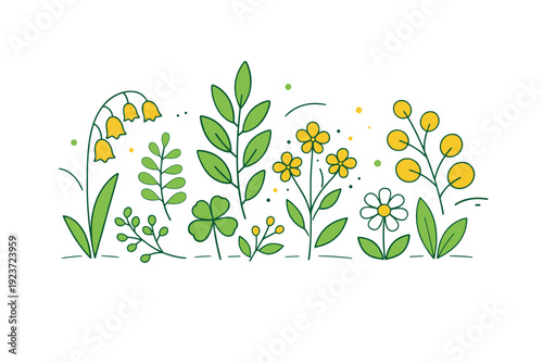 Spring foliage minimal illustration. Simplified leaf silhouettes arranged harmoniously, showing variety of spring plants without realism. Calm botanical rhythm