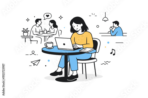 Sitting alone in public places at a cafe. One person sits at a small table with a cup, notebook, or laptop, enjoying personal time among
