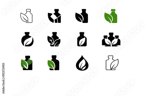 Swedish massage. Icon set. Set Logo of Swedish massage: essential oils bottle with leaf. harmonious logo variations of the same emblematic