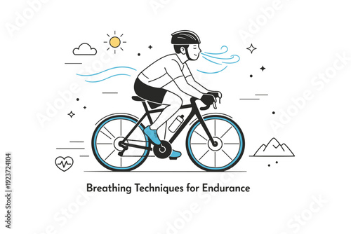 Cyclist Breathing Techniques. Breathing techniques for endurance. Cyclist focusing on steady breathing while riding at an easy pace, smooth cadence and relaxed