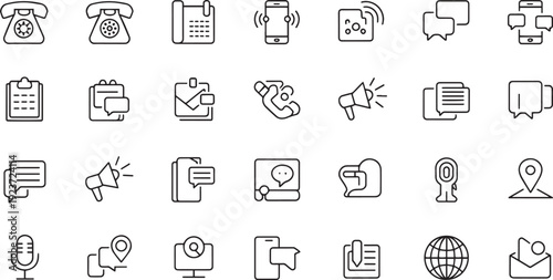Collection of flat design communication and technology icons isolated on transparent background