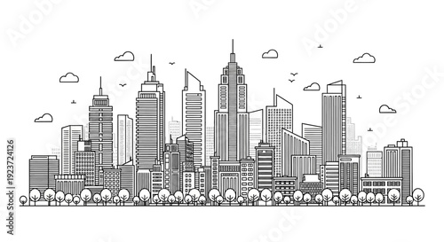A detailed black and white line drawing of a sprawling city skyline with numerous skyscrapers and trees in the foreground.