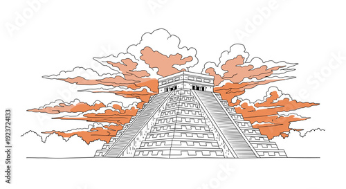 Chichen itza temple with vibrant sunset in outline style