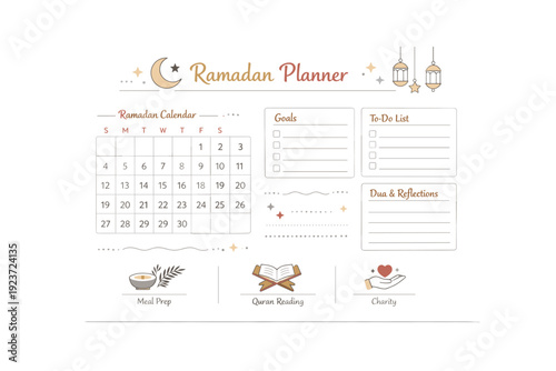 Minimal Ramadan Planner. Minimal Ramadan planner design. Calendar pages combined with small notes sections and symbolic icons. Thoughtful preparation, balance,