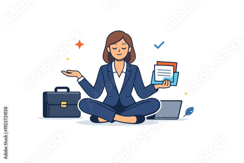 Business Professional Balance. Women in business professional balance scene with briefcase, documents and calm posture, conveying competence, stability and