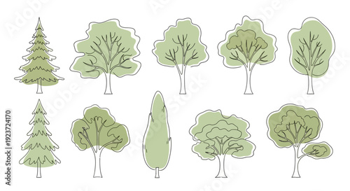 A collection of ten stylized illustrations of various trees, presented in two rows against a white background.