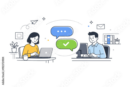 Hybrid work concepts. Two coworkers collaborate, one on a laptop at home and one in an office, linked by chat bubbles. Friendly teamwork