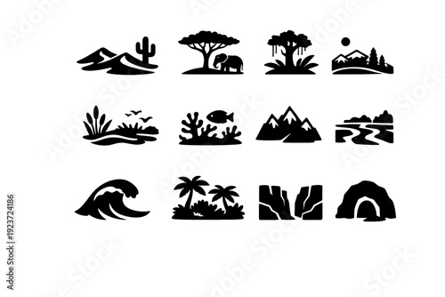 Natural habitats. Solid icon set of natural habitats: desert, savannah, rainforest, tundra, wetland, coral reef, mountain range, river delta,