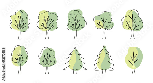 A collection of ten stylized trees, including deciduous and coniferous varieties, rendered in a simple, modern line art style with green watercolor accents.