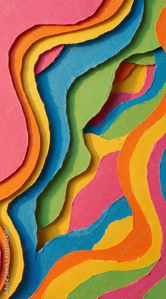 Obraz premium Colorful layered paper cut abstract background, wavy topographic contours and craft texture for design mockups, playful vibrant mood for birthday party or festival themes