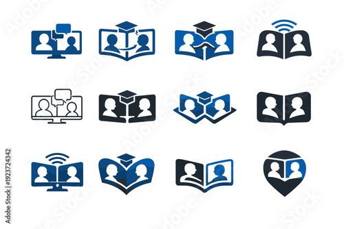 Remote tutoring. Icon set. Set Logo of Remote tutoring: teacher and student connected by screen. harmonious logo variations of the same emblematic concept,