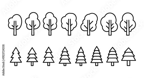 A collection of simple, stylized line art icons representing deciduous and coniferous trees.