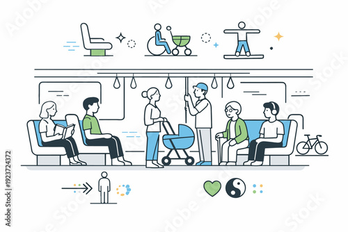 Mixed-use seating. A light rail train with forward- and side-facing seats, open areas for strollers and standing riders, floating seat and balance icons,