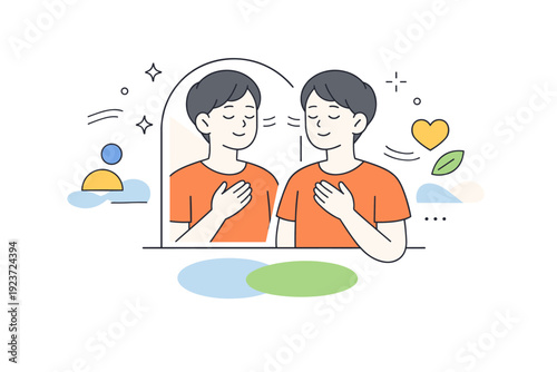 Mindful self-acceptance. A person calmly observing their reflection in the mirror, breathing slowly. Peaceful mood with abstract shapes