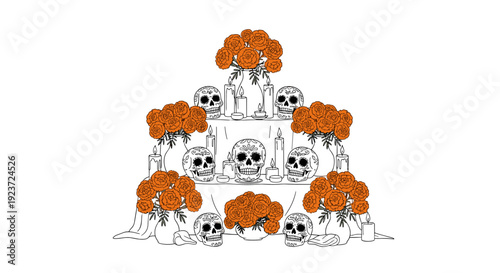 Day of the dead altar with skulls, marigolds, and candles