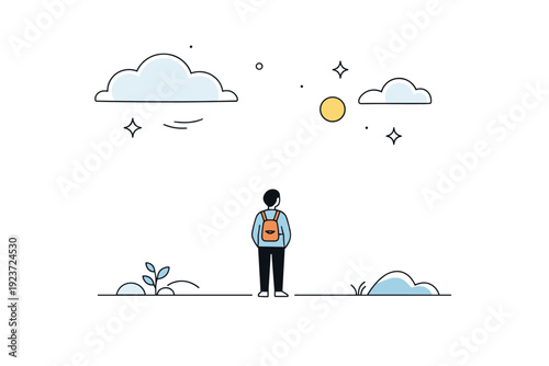 Stillness concepts. Quiet outdoor moment with a solitary figure standing under open sky, no visible wind or motion. The scene conveys pause,