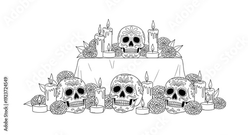 Day of the dead altar with skulls and candles in linear style
