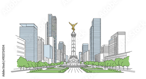Linear cityscape of angel of independence monument with modern skyscrapers