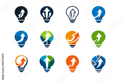 Economic efficiency. Icon set. Set Logo of economic efficiency: lightbulb with arrow. harmonious logo variations of the same emblematic
