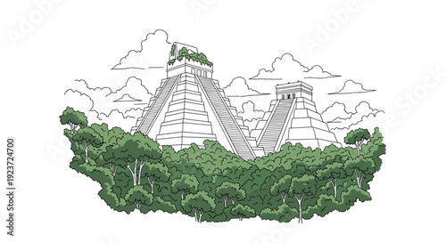 Ancient maya pyramids with verdant foliage in artistic line art style