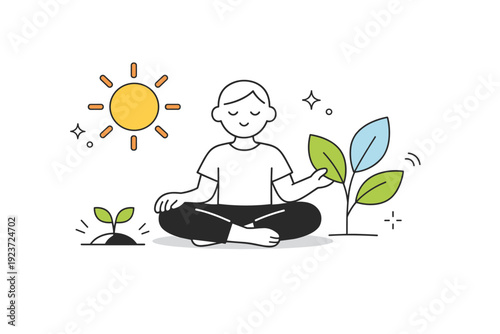 Spring equinox mindfulness. A peaceful editorial scene reflecting inner balance inspired by nature. A simple character interacts with abstract sun and plant