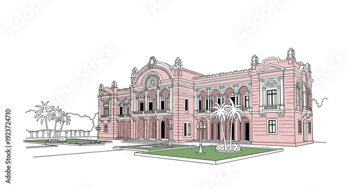 Historic pink building with palm trees in linear art style