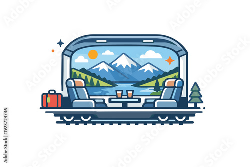 Luxury train travel and scenic routes conveyed by a classic observation car with large windows overlooking mountains and sky, representing