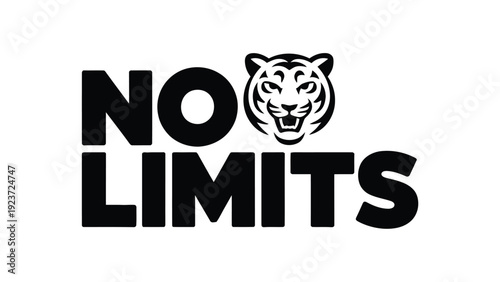 No limits motivational typography featuring fierce tiger head mascot in monochrome style for strength and ambition concept