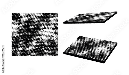 Rough halftone grain overlay. A rough halftone grain overlay tile is depicted in three views: direct top view, side-angled view,