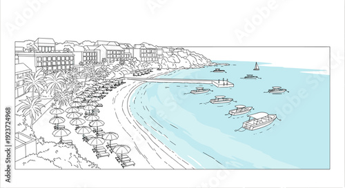Scenic coastal beach with boats and umbrellas in linear art style