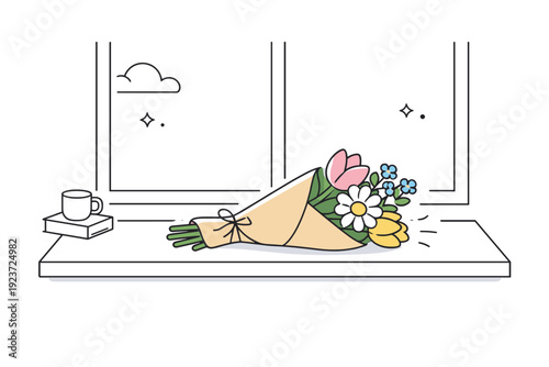 Bouquets on windowsills. A wrapped bouquet lies casually on a windowsill, as if just placed there. Recent arrival, gentle pause, understated domestic