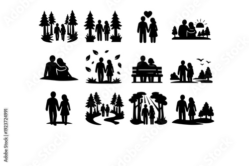 Couple in Nature. Solid icon set of Couple in Nature: couple walking hand in hand, forest path, tall trees, leaves falling, shared moment icon, peaceful scene,