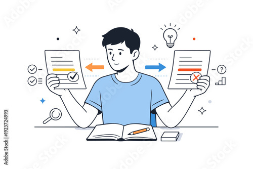 Solo decision-making moments. Individual comparing two documents side by side, small arrows and highlights guiding attention. Focused evaluation process in a