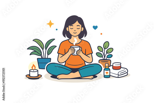 Self care routine calm daily moment with a person enjoying a quiet pause, soft plants and gentle light creating a sense of balance, restoration, and personal