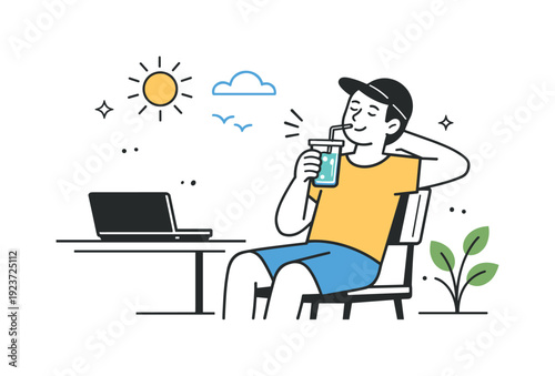 Summer breaks between work sprints. A worker enjoys a brief outdoor break with a cold drink, laptop closed on the desk nearby. Calm