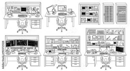 Detailed illustration of various laboratory workstations and equipment setups.